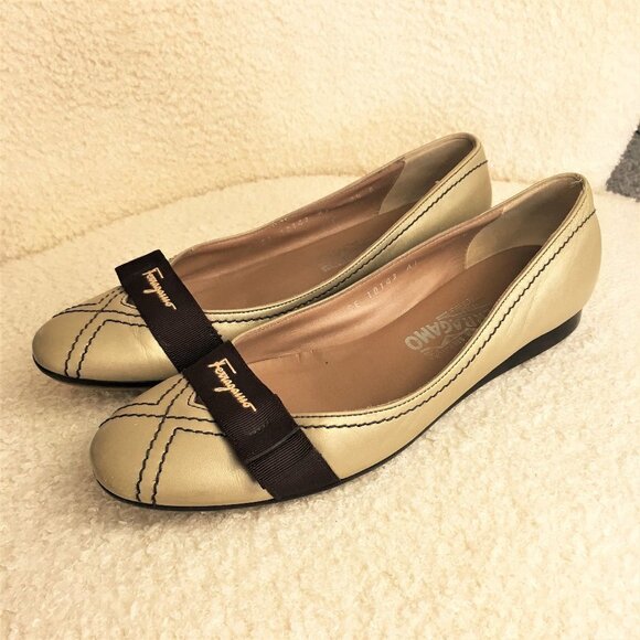 auth. SALVATORE FERRAGAMO ribbon brown leather flats 8,5 B shoes - Picture 1 of 16